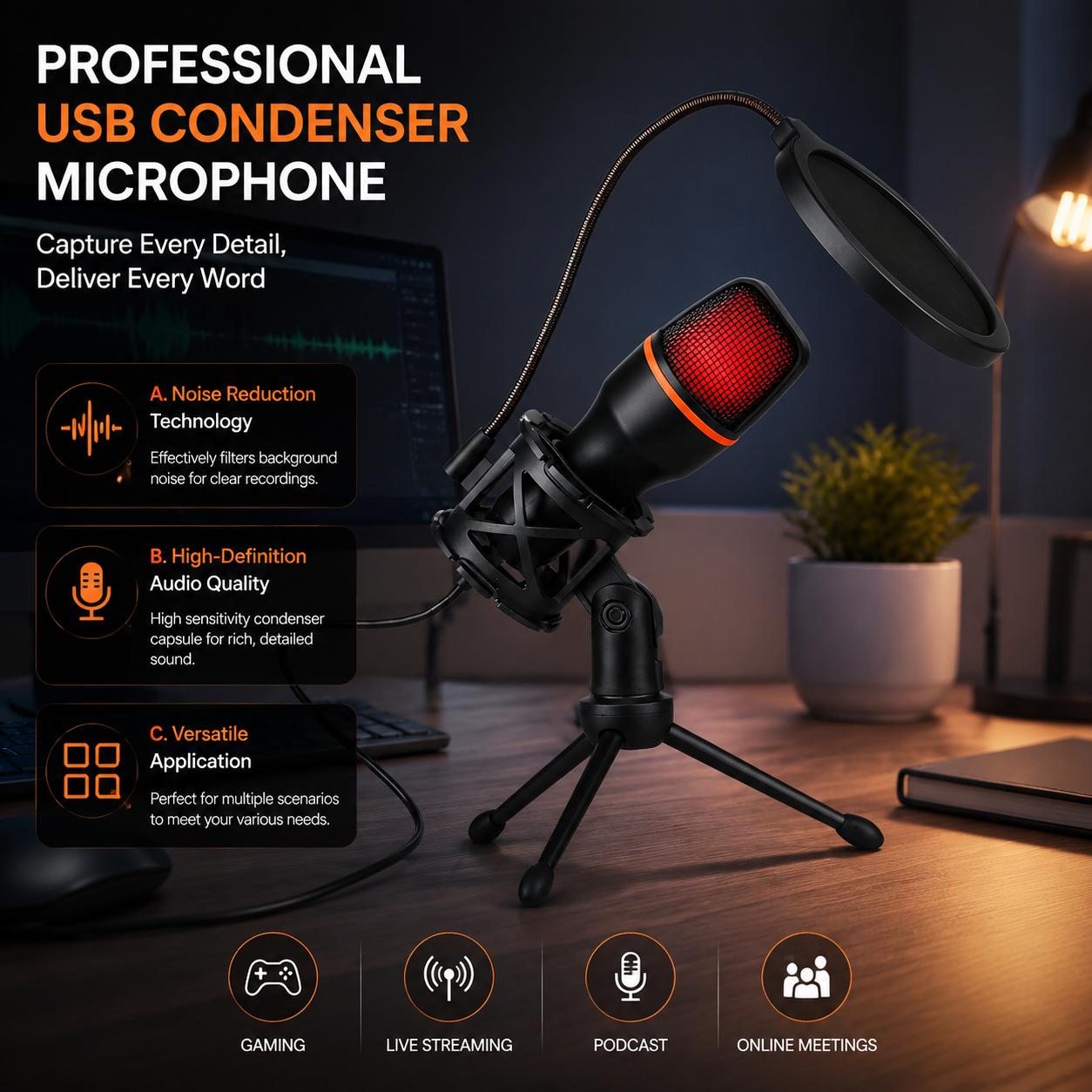 Pc Gaming Youtubers - Kit Mikrofon Kondensor Profesional dengan Tripod